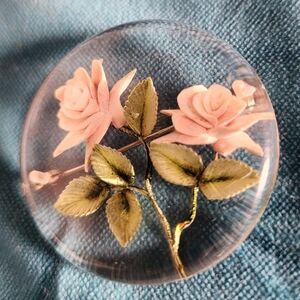 Vintage Lucite Roses Brooch Pin - Pink and Green